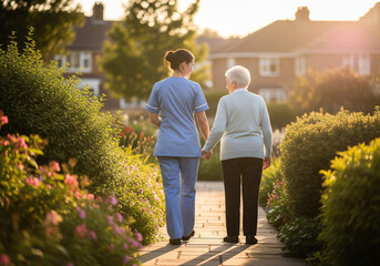 Caregiver supporting senior woman in garden, healthcare and companionship for medical services websites, caregiving promotions, retirement community marketing, wellness & family support ads, insurance