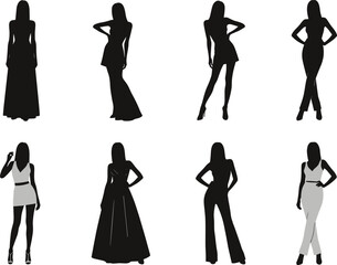 Fashion female silhouettes in elegant poses wearing dresses, gowns, jumpsuits, and casual outfits for design, modeling, and fashion illustration.