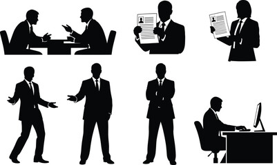 Business people silhouettes illustration showing interview, resume, teamwork, office work, discussion, management, recruitment, and professional corporate communication concept design.