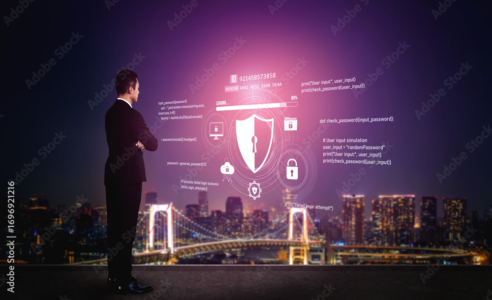 Poster cyber security protects against breaches, hacks, and network attacks using strong infrastructure and