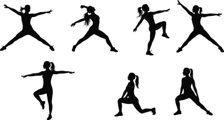 Silhouette illustration of women performing aerobic and stretching exercises, fitness workout poses, dance movement, flexibility and balance training positions