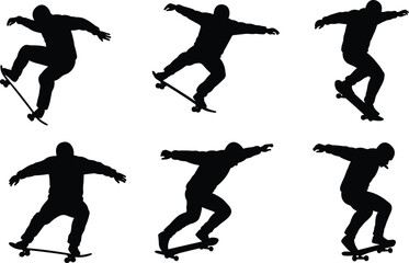 Silhouette of Skateboarders Performing Tricks in Action Jump Poses, Extreme Sports Vector Set Isolated on White Background Illustration