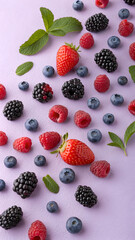 Fresh berries (blueberries, raspberries, blackberries) scattered on a pastel lavender background.