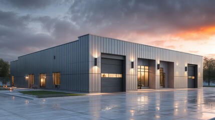 Obraz premium Modern 3D rendering of a warehouse exterior with sleek gray metal cladding and large garage doors at sunset, showcasing an industrial building ideal for storage, commercial cargo.