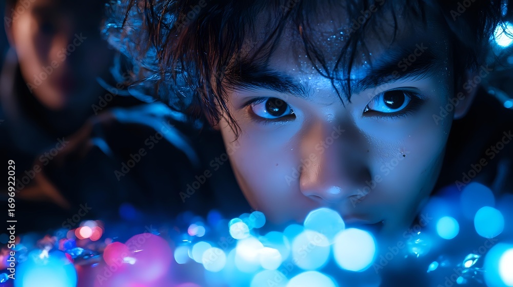 Poster close up portrait in neon lights with dramatic blue and pink bokeh effects creating mysterious atmos