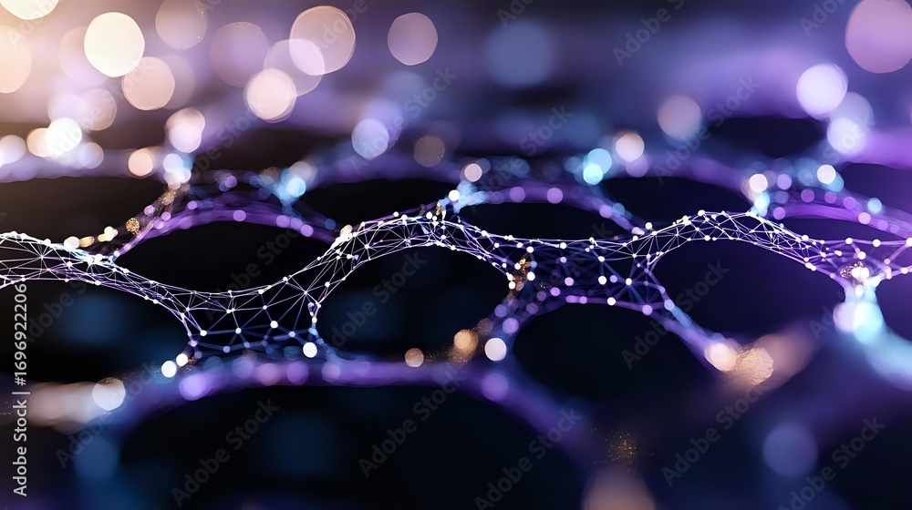 Poster abstract network visualization with glowing purple and blue connections on dark background, featurin