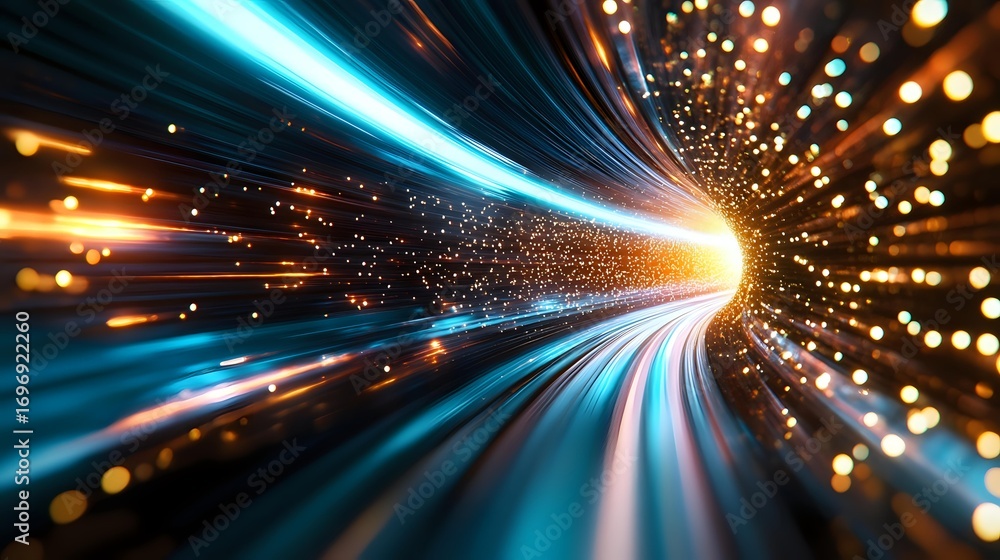 Poster dynamic light trails and particles creating futuristic tunnel effect with blue and orange glowing st