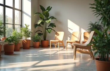 Fototapeta premium Minimalist indoor space features wooden chairs and potted plants near large windows. Natural light illuminates the clean, modern room creating a peaceful, bright, airy atmosphere.