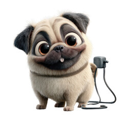 Adorable and Playful Pug with Big Eyes and Cute Expression, Ready for a Fun Walk, Standing with Leash, Cartoon Style, Ideal for Pet Lovers and Animation Projects