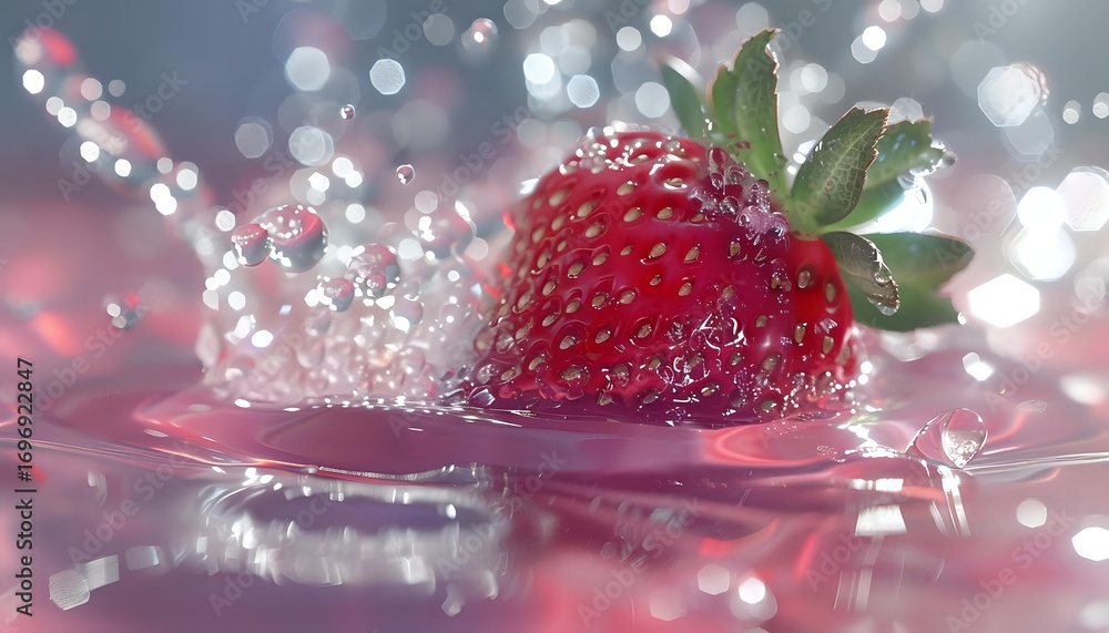 Poster fresh ripe strawberry splashing into pink water with droplets and bokeh light effects creating dynam