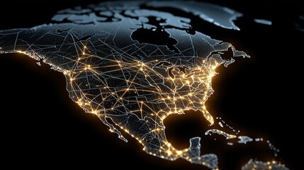 Dynamic global network visualization connects cities and continents with glowing light trails on a dark background, symbolizing connectivity and progress.
