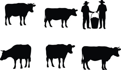 Silhouettes of Cows and Farmers Engaged in Agricultural Activities with Basket in Rural Farm Scene for Vector Design Use