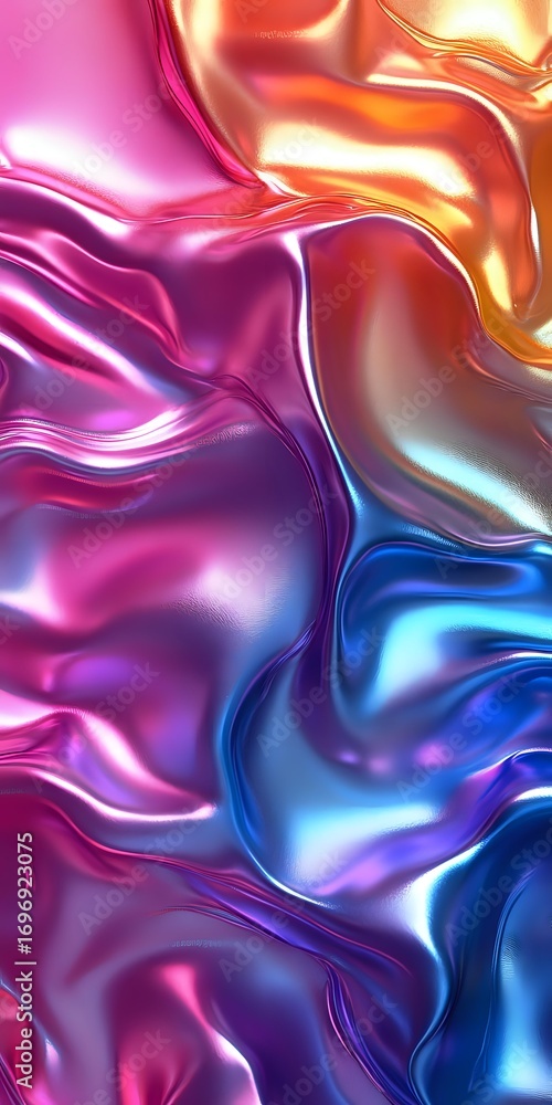 Poster luxurious metallic fabric with flowing waves in pink, blue and gold colors creates abstract backgrou