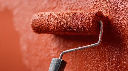 Obraz premium A close-up of paint roller applying deep terracotta paint, modern decor in background, high texture wall, artfully messy setup
