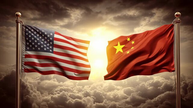 Us and China flags waving in the wind with a bright light in between. A dramatic image of the American and Chinese flags waving in the wind, set against a backdrop of clouds and light.