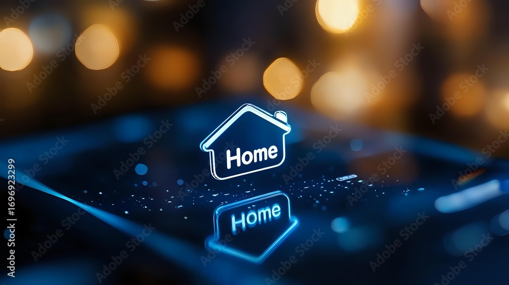 Poster glowing house icon on dark smartphone screen with bokeh background lights creates modern smart home 