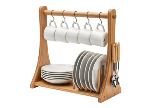 Wooden dish rack with white plates, cups, and silverware isolated on transparent background