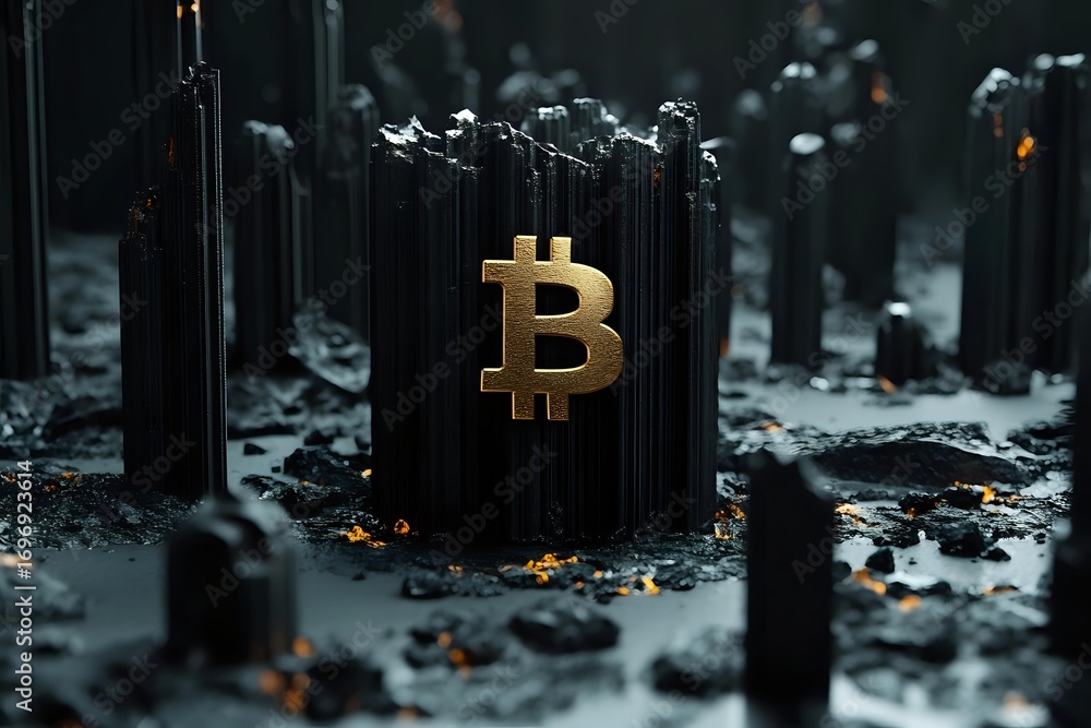Poster golden bitcoin symbol emerging from dark crystal formations against moody background with glowing el
