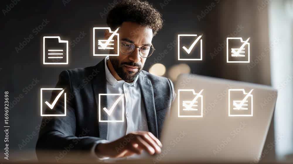 Poster professional man reviews documents and checks tasks on laptop in modern office setting during produc