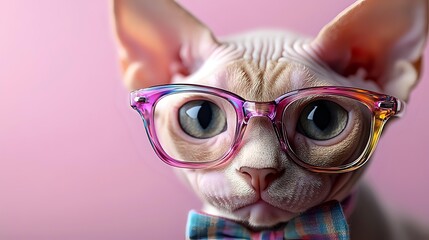 Hairless sphynx cat wearing trendy purple glasses and plaid scarf against pink background, close-up portrait showing large blue eyes and wrinkled skin texture.