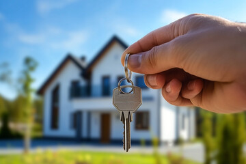 Hand holding a key in front of a modern house, signifying new beginnings and homeownership