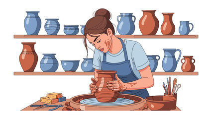 Artisan at the Wheel: A skilled artisan attentively shapes a pottery vase on a spinning wheel, surrounded by a collection of ceramic creations and tools of the trade. A moment of creative focus.