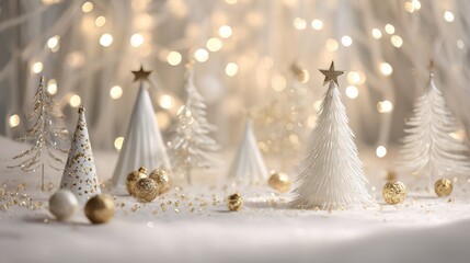 This image depicts a dreamy, festive scene with miniature Christmas trees in white and gold. Stars and soft bokeh lights create a magical atmosphere, with golden ornaments.
