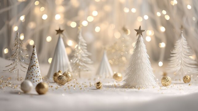 This image depicts a dreamy, festive scene with miniature Christmas trees in white and gold. Stars and soft bokeh lights create a magical atmosphere, with golden ornaments.