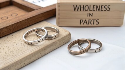 Elegant Metal Rings on Wooden Surface with Wholeness in Parts Sign