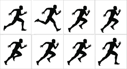 Vector silhouettes of male runners in dynamic sprint poses, athletic fitness, sports action, speed, energy, movement, power, and exercise concept.