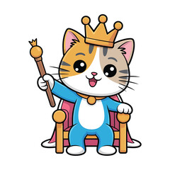 Obraz premium A cute cartoon cat is sitting on a throne the cat is wearing a crown and robe, and is holding a scepter