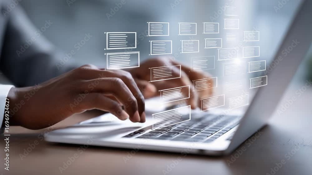 Poster hands typing on a laptop while digital documents appear, showcasing technology use in a modern works