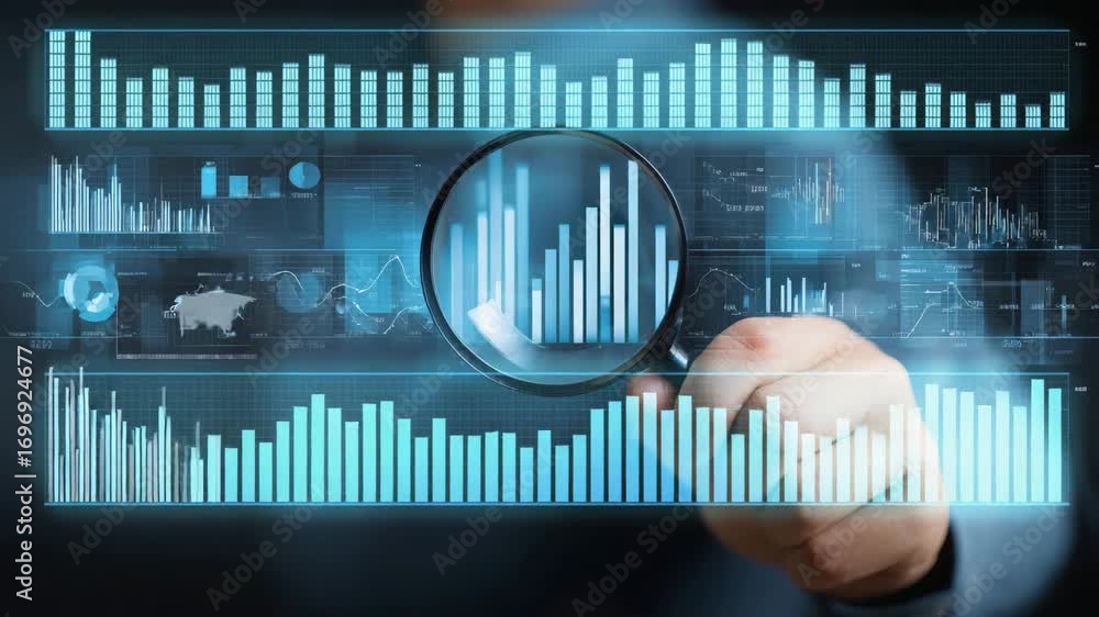 Aufkleber analyzing data and trends using a magnifying glass in a modern digital workspace environment