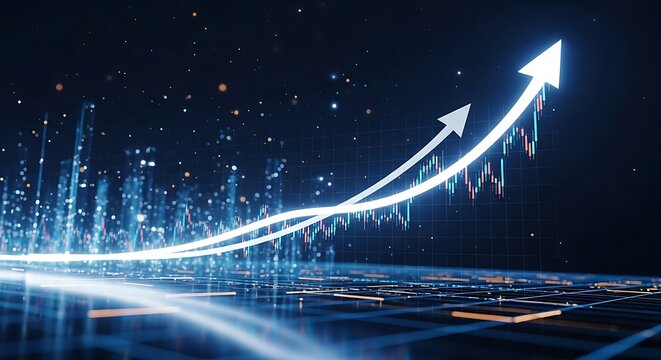 Futuristic digital graph showing upward trend and financial data