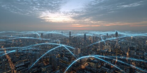 This image depicts a sprawling cityscape, possibly at dusk or dawn, with a network of glowing blue lines connecting various buildings. The ethereal light suggests a smart city.