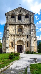 A venerable stone church facade, adorned with arched openings and a prominent rose window, stands proudly amidst a verdant landscape.