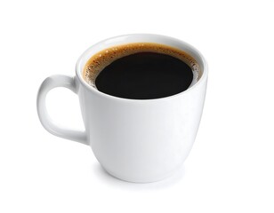 Elegant white mug filled with dark black coffee against white backdrop