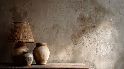 A textured limewash wall in progress, soft decor in ivory and clay shades, moody soft lighting