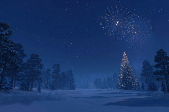 enchanting winter landscape with majestic christmas tree illuminated by ar firework display set against starry sky