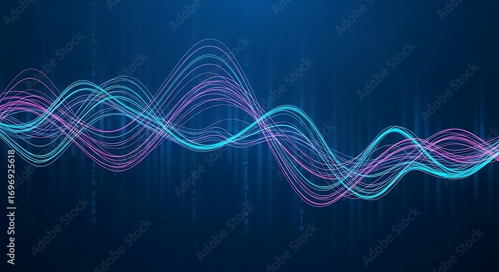 Poster abstract visualization of sound waves or data streams with glowing particles