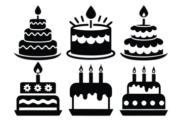 Black Silhouette of Six Stylized Cakes with Candles, Tiered Designs, and Decorations