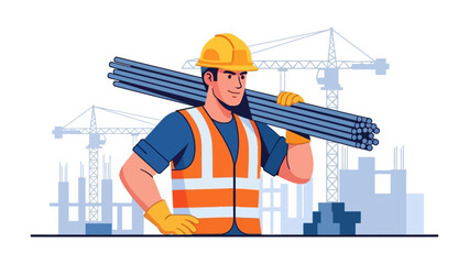 Construction Worker Carrying Steel Bars: A construction worker in protective gear confidently carries a bundle of steel bars on his shoulder against the backdrop of a bustling construction site.