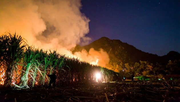 Dramatic night scene of sugarcane field burning near majestic mountains