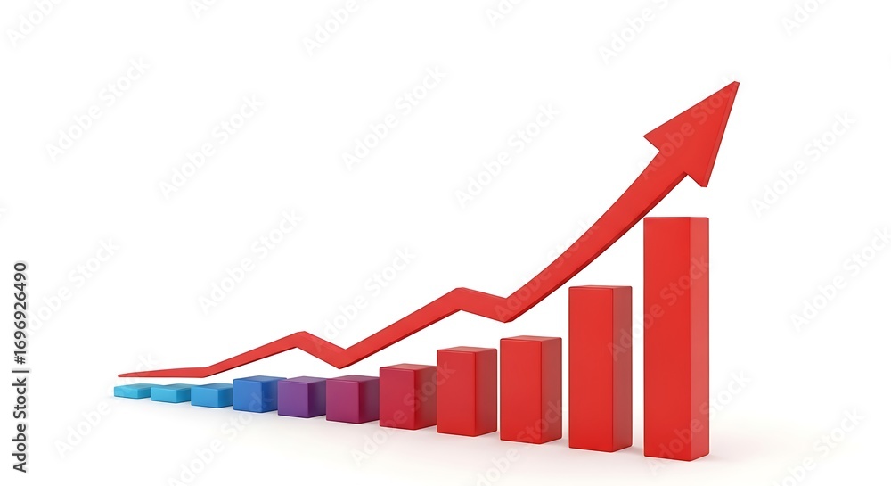Poster 3d bar chart with a red line graph showing upward trend isolated on white background