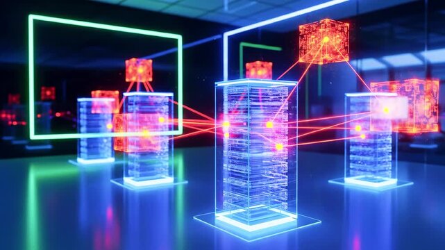 Futuristic digital data centers interconnected with neon lights and glowing holograms in a tech environment