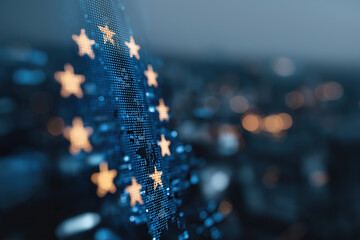 European Union flag displays golden stars across digital pixelated blue background.