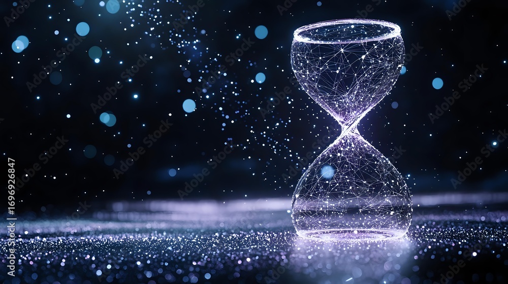 Poster glowing hourglass with magical sparkles on dark background, time concept with luminous particles and