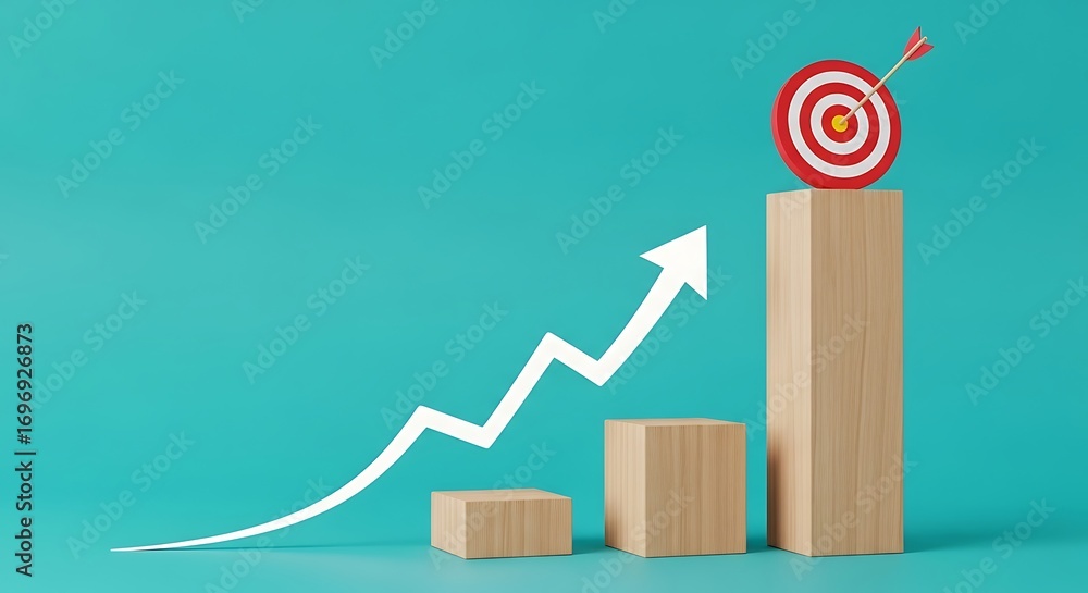 Poster wooden blocks forming a rising graph with a target and arrow on top