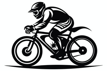 Cyclist Silhouette Monochrome Illustration of Mountain Biker on Bicycle Wearing Helmet