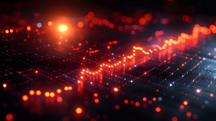 Fototapeta premium Glowing red and blue stock market graph with bokeh light effects on dark background showing financial data visualization and market trends.